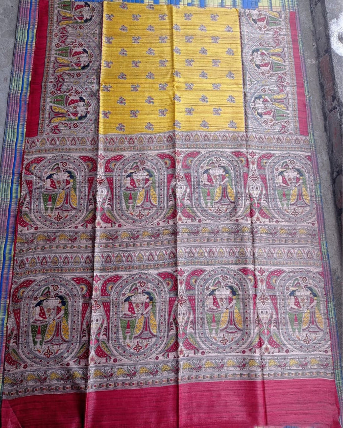 Silkmark Tussar Fanciful Madhubani Yellow & Red  Saree