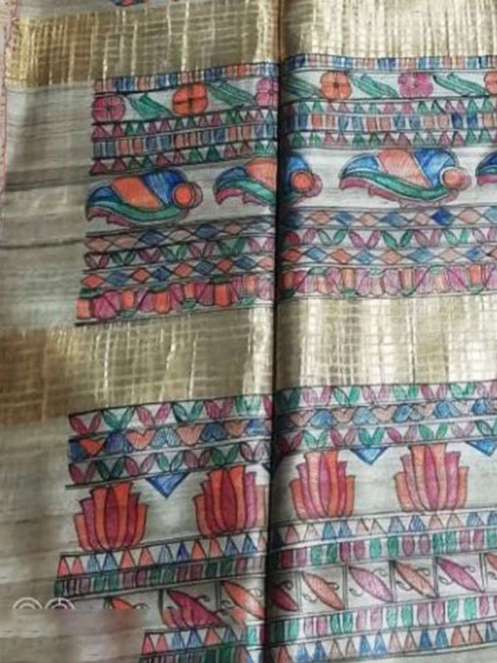 Silkmark Tussar Glossy Madhubani Handpainted Biege Saree