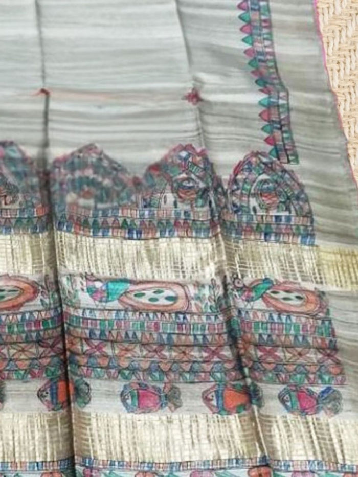 Silkmark Tussar Glossy Madhubani Handpainted Biege Saree