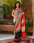Silkmark Certified Tussar Silk Saree Cream Color Handloom Handblock printed with blouse - IndieHaat