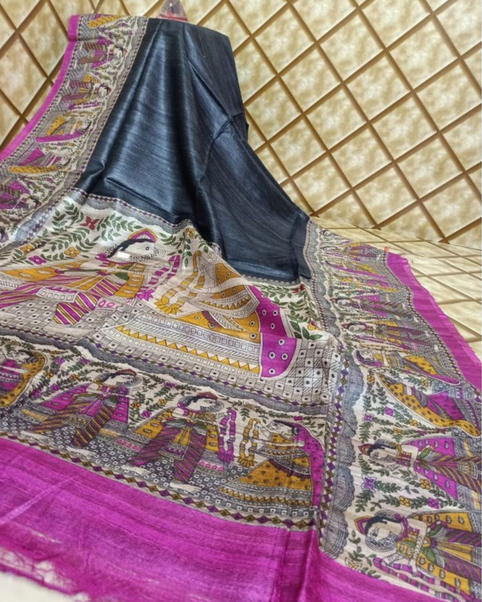 Silkmark Tussar Joyful Madhubani Black Saree
