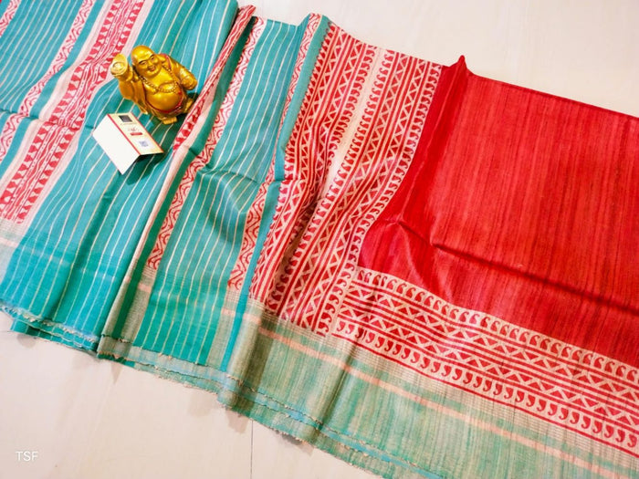 Silkmark Certified Tussar Silk Handloom Handblock Printed Red and Blue Saree with Blouse-Indiehaat