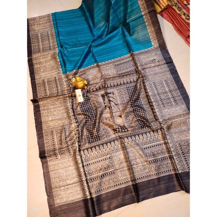 Silkmark Certified Tussar Silk Madhubani Block Print Blue Saree with Blouse-Indiehaat