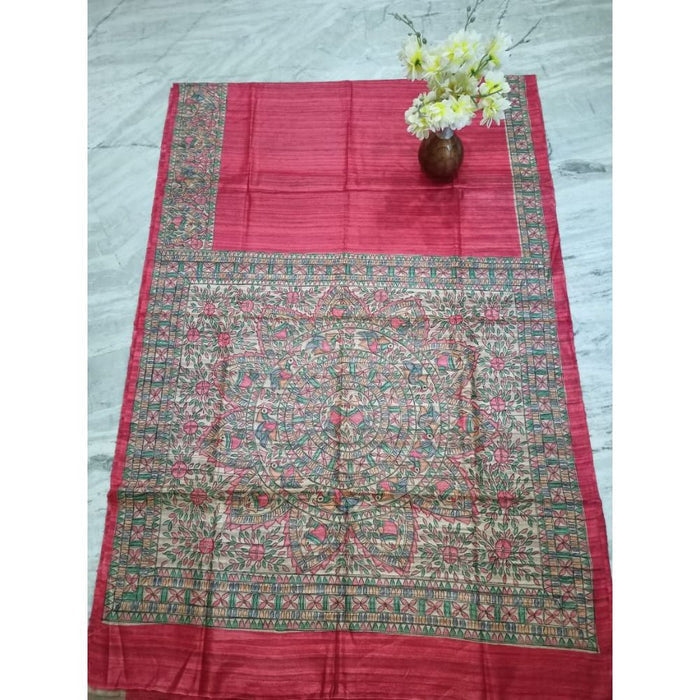 Silkmark Certified Tussar Silk Madhubani HANDPAINTED Red Saree with Blouse-Indiehaat