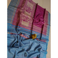 Silkmark Certified Tussar Silk Handloom Handblock Printed Blue and Pink Saree with Blouse-Indiehaat