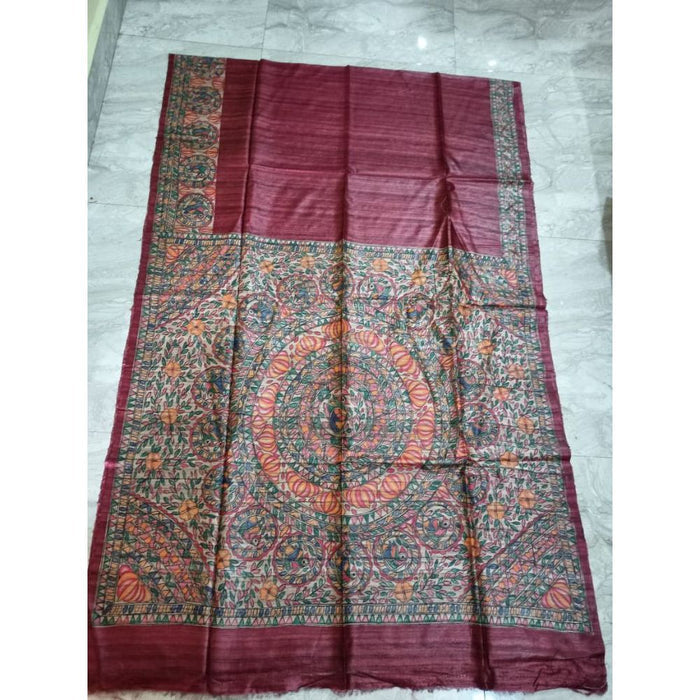 Silkmark Certified Tussar Silk Madhubani HANDPAINTED Peach Saree with Blouse-Indiehaat