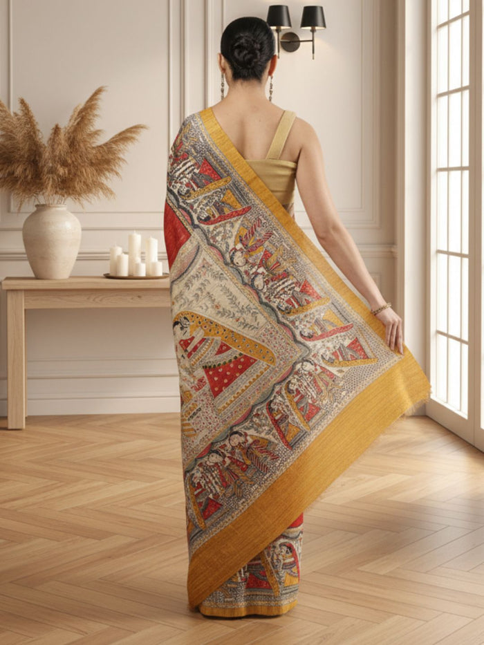 Silkmark Tussar Quaint Madhubani Red & Beige Saree