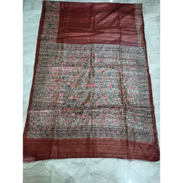 Silkmark Certified Tussar Silk Madhubani HANDPAINTED Brown Saree with Blouse-Indiehaat