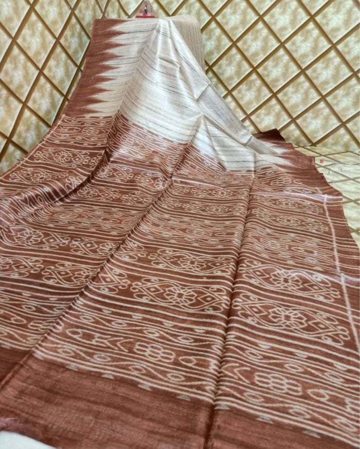 Silkmark Tussar Stunning Blockprint Beige & Brown Saree