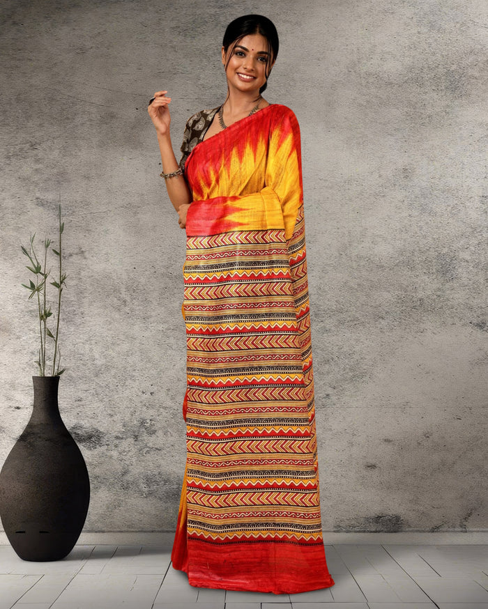Silkmark Tussar Sunny Blockprint Mustard & Red Saree
