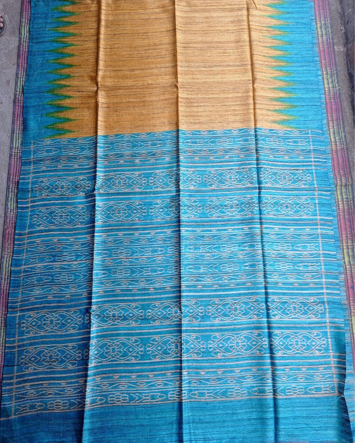 Silkmark Tussar Textured Blockprint Yellow & Blue Saree
