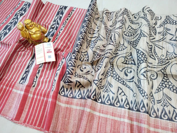Silkmark Certified Tussar Silk Handloom Handblock Printed Black and Red Saree with Blouse-Indiehaat