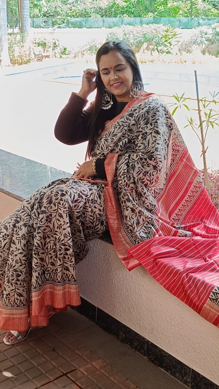 Silkmark Tussar Vivid Blockprint Red & Black Saree