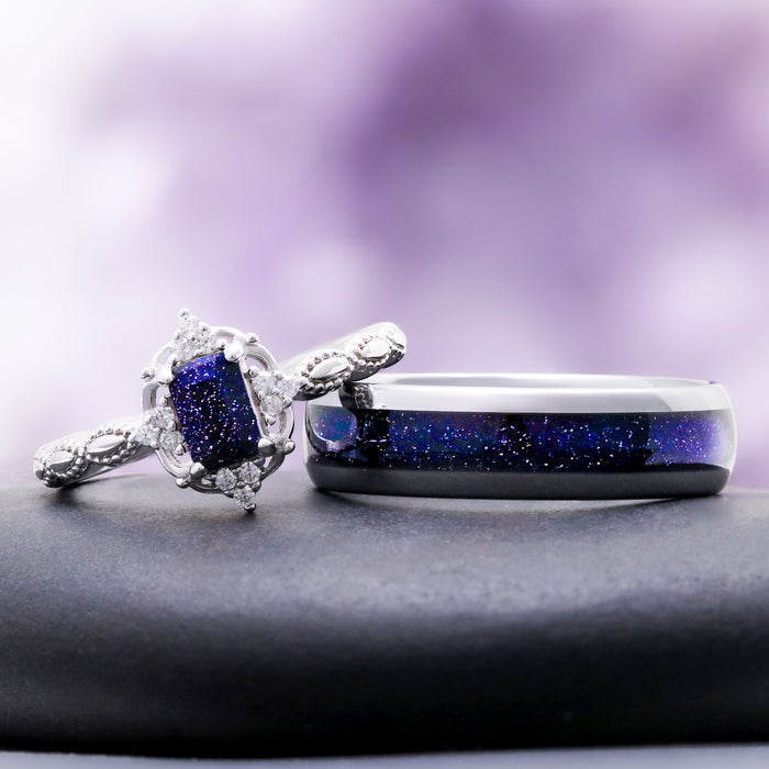 Starry Night couples ring set — emerald cut galaxy sandstone ring beside a matching blue sandstone band
