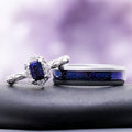 Starry Night couples ring set — emerald cut galaxy sandstone ring beside a matching blue sandstone band