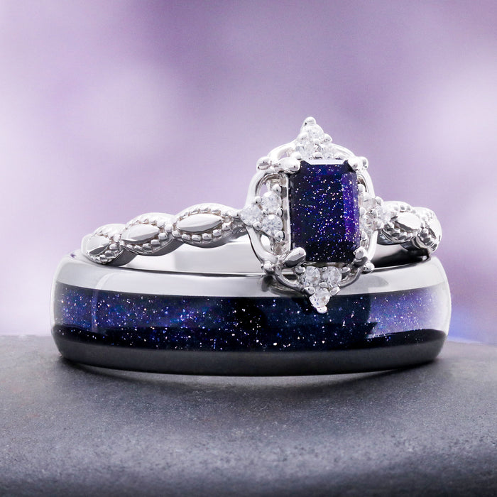 Vintage-style galaxy sandstone ring stacked on the blue goldstone inlay band in silver tungsten