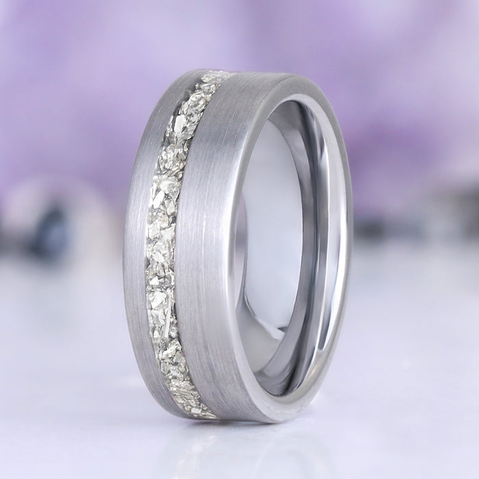 Crushed Diamond Mens Wedding Band in Silver Tungsten (8mm) featuring a brushed silver tungsten band with a crushed diamond inlay, a distinctive design by Aquamarise.