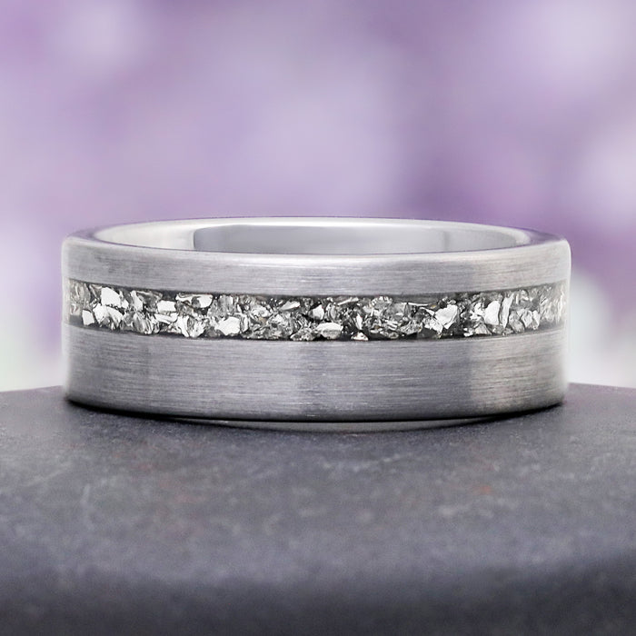 Crushed Diamond Mens Wedding Band in Silver Tungsten (8mm) by Aquamarise, featuring a brushed silver tungsten band with a crushed diamond inlay for a modern men’s ring design.