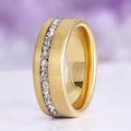 Crushed Diamond Gold Tungsten Ring (8mm) by Aquamarise, brushed yellow-gold band with an off-center channel of raw silver-white crushed diamond crystals, men’s modern inlay wedding band.