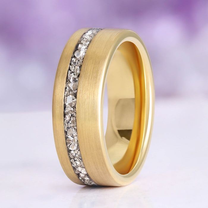 Crushed Diamond Gold Tungsten Ring (8mm) by Aquamarise, brushed yellow-gold band with an off-center channel of raw silver-white crushed diamond crystals, men’s modern inlay wedding band.