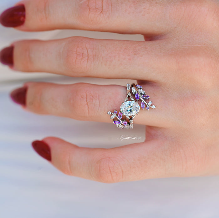 Simulated Diamond & Amethyst Leaf Couples Ring Set featuring an intricate silver band with marquise amethyst leaves and sparkling simulated diamonds, crafted by Aquamarise for Matching Couples' Rings and Meaningful Jewelry Gifts.