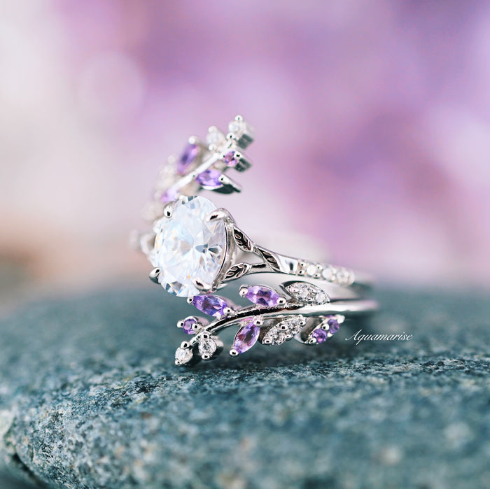 Simulated Diamond & Amethyst Leaf Couples Ring Set by Aquamarise showcasing intricately designed silver bands with sparkling simulated diamonds and delicate purple amethyst leaves, inspired by nature and perfect for matching couples rings.