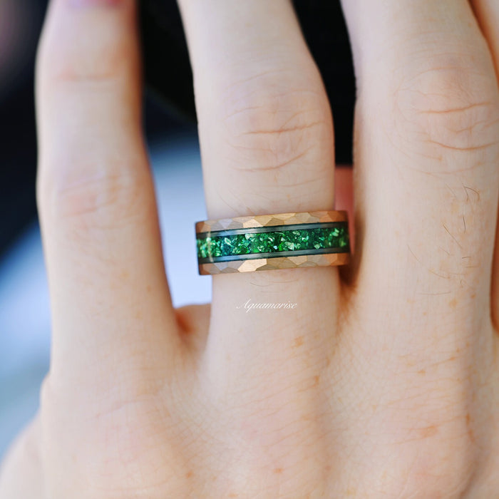 Simulated Diamond & Emerald Leaf Couples Ring Set featuring a hammered rose gold band with a vibrant green emerald inlay, designed by Aquamarise as part of their Matching Couples' Rings and Nature Inspired Jewelry Collection.