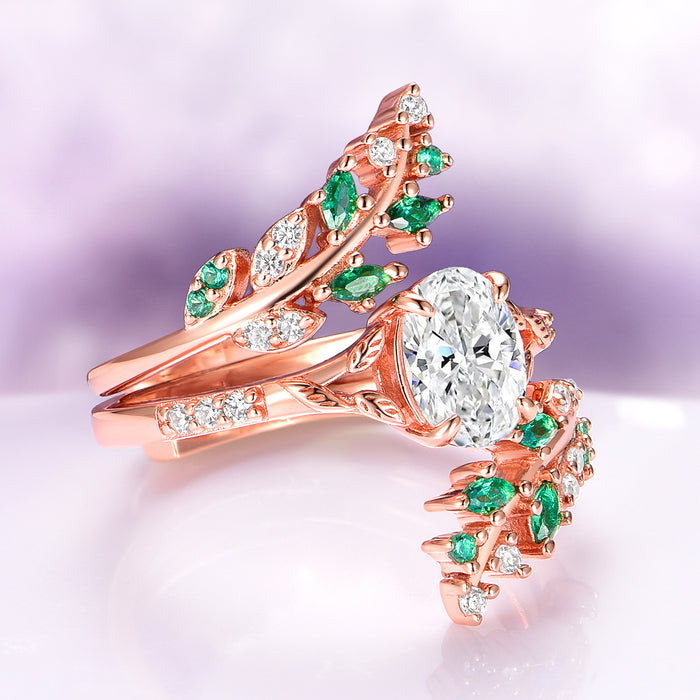 Lab-Grown Diamond Leaf Engagement Ring in 14K Solid Rose Gold (IGI Certified) by Aquamarise Gold, featuring an oval lab-grown diamond center with detailed rose gold vines and leaves accented by marquise-shaped green stones and small diamonds, part of Nature-Inspired Engagement Rings and Rose Gold Rings collections.