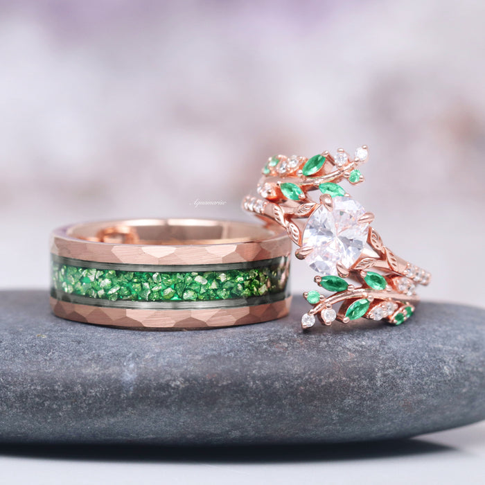 Lab-Grown Diamond Leaf Engagement Ring in 14K Solid Rose Gold (IGI Certified) displayed alongside a rose gold ring with textured green inlay, highlighting Aquamarise Gold’s nature-inspired and fantasy collection rings.