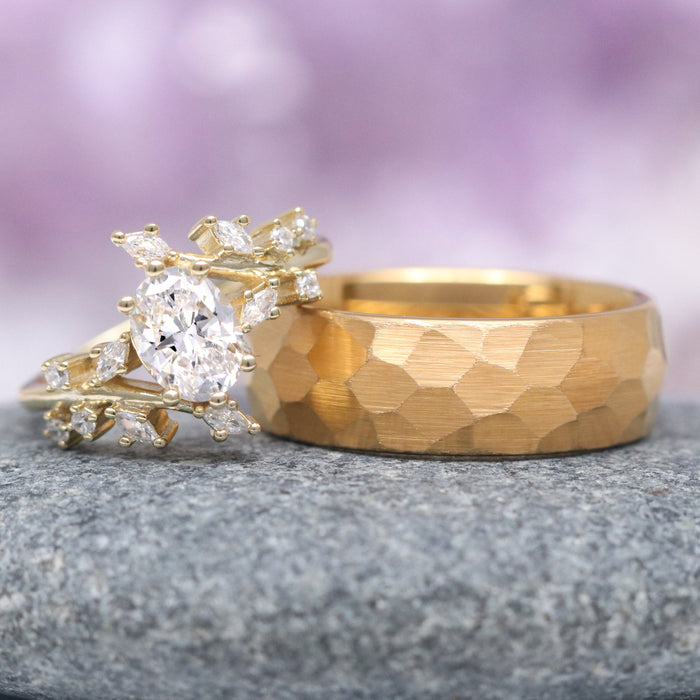 Lab-Grown Diamond Leaf Engagement Ring in 14K Solid Yellow Gold (IGI Certified) alongside a hammered gold wedding band, showcasing intricate leaf-inspired details, crafted by Aquamarise Gold from the Nature-Inspired Engagement Rings collection.