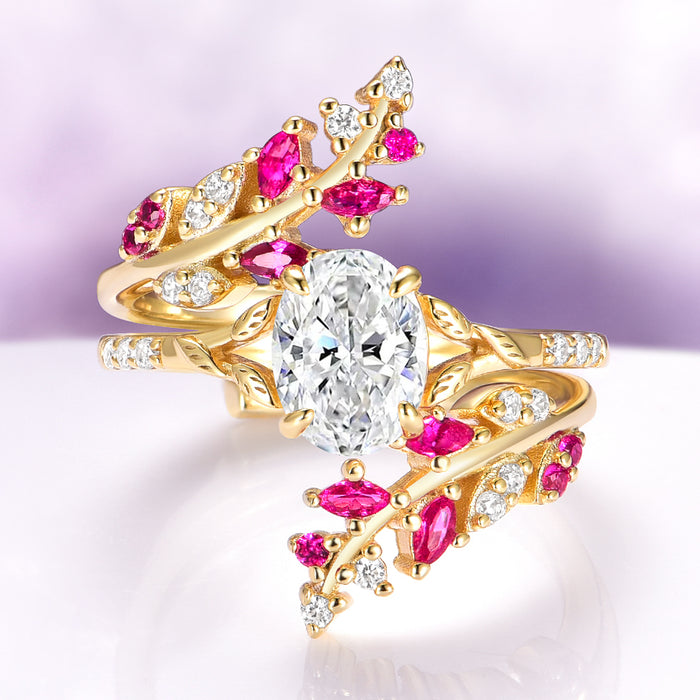 Lab-Grown Diamond Leaf Engagement Ring in 14K Solid Yellow Gold (IGI Certified) by Aquamarise Gold featuring intricate leaf design with sparkling diamonds and vibrant pink gemstones.