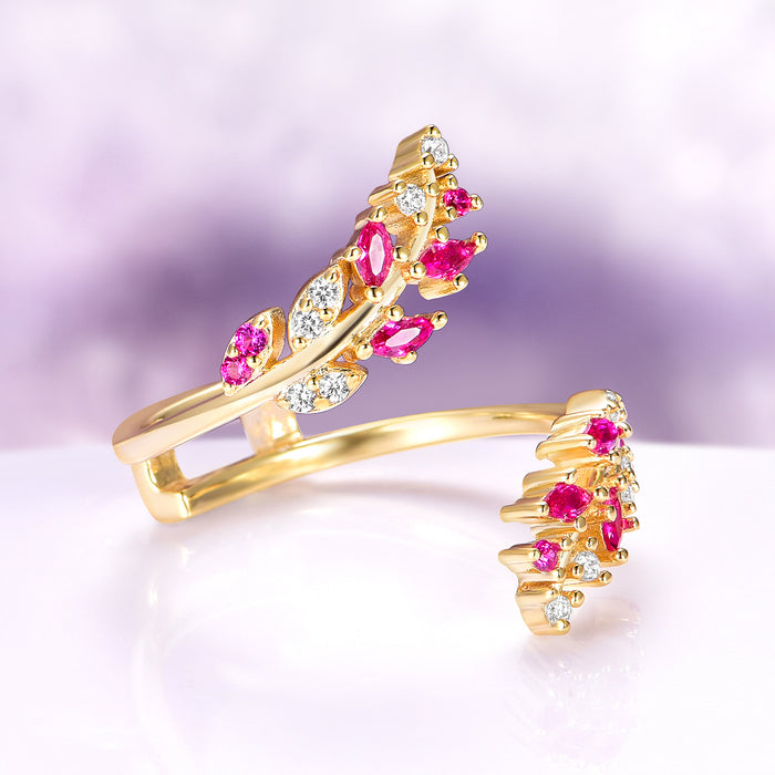 Ruby and Diamond Leaf Ring Guard in 14K Solid Yellow Gold by Aquamarise Gold, featuring a nature-inspired open design with marquise ruby gemstones and sparkling diamond accents, part of solid gold and birthstone jewelry collections.
