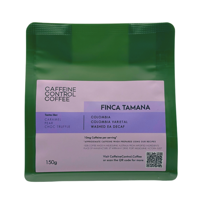 Green coffee package with purple label featuring 'Caffeine Control Coffee' branding