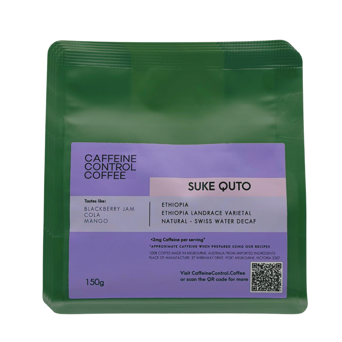 Green coffee package with purple label