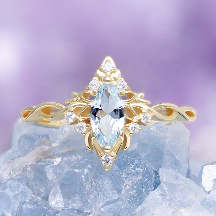 Siren Queen Marquise Aquamarine Lotus Ring by Aquamarise