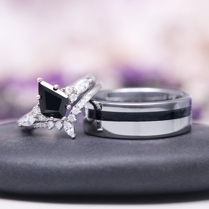 Skye Kite® Black Onyx Engagement Ring Set in 14K White Gold by Aquamarise Gold, featuring a kite-cut black onyx with marquise and round white gemstones alongside a polished band.