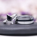 Skye Kite® Black Onyx Engagement Ring Set in 14K White Gold by Aquamarise Gold, featuring a kite-cut black onyx with marquise and round white gemstones alongside a polished band.