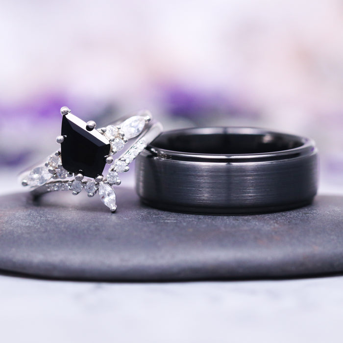 Skye Kite™ Black Onyx Couples Ring Set by Aquamarise featuring a kite-cut black onyx with marquise and round white gemstones, paired with a bold black tungsten band for him.