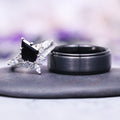 Skye Kite™ Black Onyx Couples Ring Set by Aquamarise featuring a kite-cut black onyx with marquise and round white gemstones, paired with a bold black tungsten band for him.