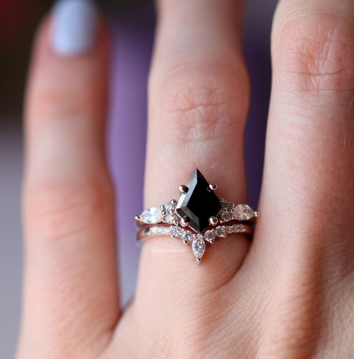 Skye Kite® Black Onyx Couples Ring Set featuring a kite-cut black onyx gemstone and sparkling accents on a vintage-inspired silver band by Aquamarise.