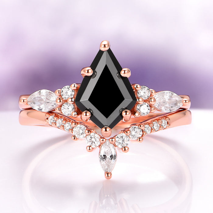 Skye Kite® Black Onyx Engagement Ring Set in 14K Solid Rose Gold with kite-shaped black onyx center and sparkling accent stones, showcasing Aquamarise Gold's elegant women’s rings collection.