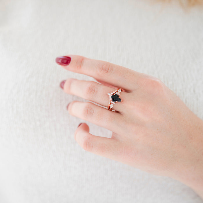 Skye Kite® Black Onyx Engagement Ring Set in 14K Solid Rose Gold by Aquamarise Gold featuring a distinctive kite-shaped black onyx stone with delicate accent details in a rose gold setting.