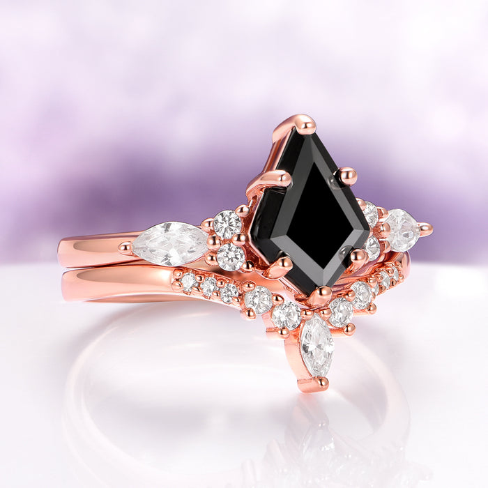 Skye Kite® Black Onyx Engagement Ring Set in 14K Solid Rose Gold by Aquamarise Gold, showcasing a kite-cut black onyx center with unique marquise and round accent stones in a rose gold band.