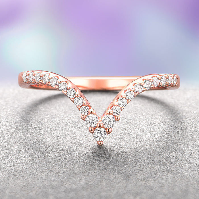 Skye Kite® Chevron Stacking Wedding Band in 14K Solid Rose Gold by Aquamarise Gold features a delicate V-shaped design accented with petite sparkling moissanite stones, part of Women’s Wedding Bands and Rose Gold Rings collections.