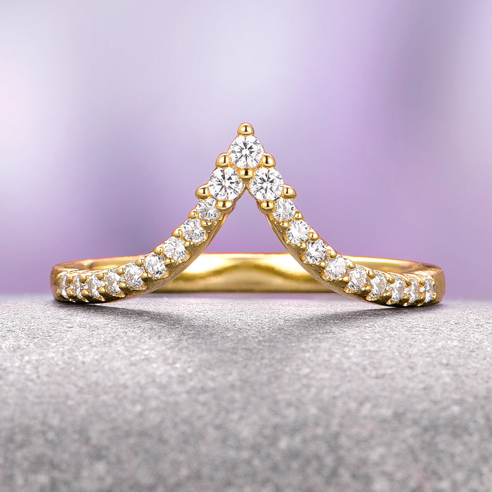 Skye Kite® Chevron Stacking Wedding Band in 14K Solid Yellow Gold by Aquamarise Gold features a delicate V-shaped design adorned with petite moissanite stones, part of Women’s Wedding Bands and Solid Gold Rings collections.