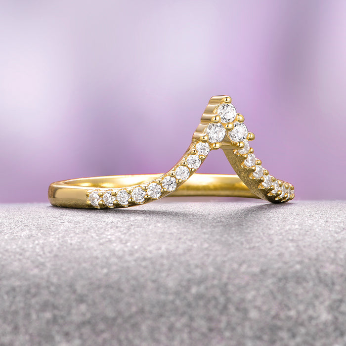 Skye Kite® Chevron Stacking Wedding Band in 14K Solid Yellow Gold by Aquamarise Gold showcases a graceful V-shaped design adorned with petite sparkling moissanite stones, part of Women’s Wedding Bands and Solid Gold Rings collections.