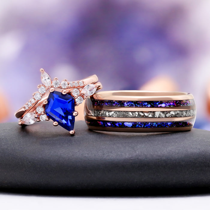 Skye Kite® Cornflower Sapphire Kite Engagement Ring Set- 14K Solid Rose Gold – shown on hand