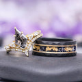 Skye Kite® Galaxy Herkimer Diamond & Meteorite Couples Ring Set by Aquamarise, featuring a black meteorite band with gold flakes and a diamond-accented gold ring with a Herkimer diamond centerpiece.