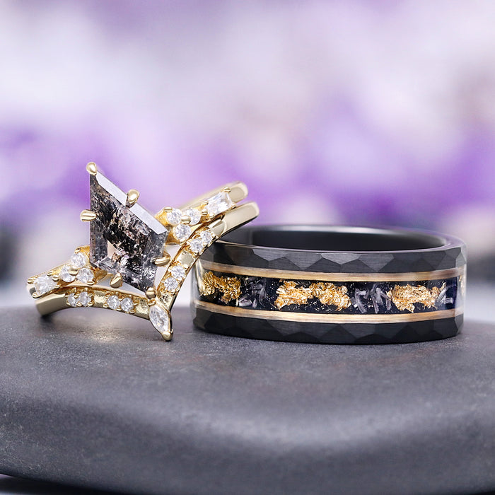 Skye Kite® Galaxy Herkimer Diamond & Meteorite Couples Ring Set by Aquamarise, featuring a black meteorite band with gold flakes and a diamond-accented gold ring with a Herkimer diamond centerpiece.