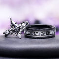 Starry Night® & Meteorite men's black tungsten wedding band paired with the Skye Kite® galaxy Herkimer diamond ring as a matching couples set by Aquamarise